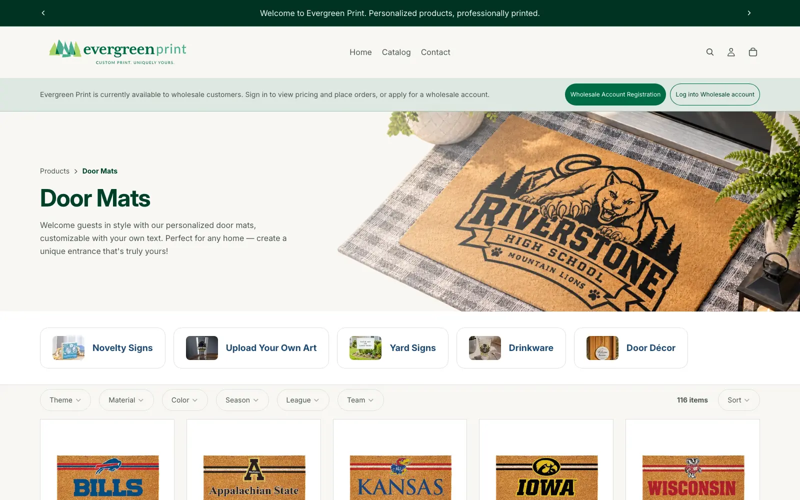 The Evergreen Print door mats collection, with a headline over personalized team and school mats