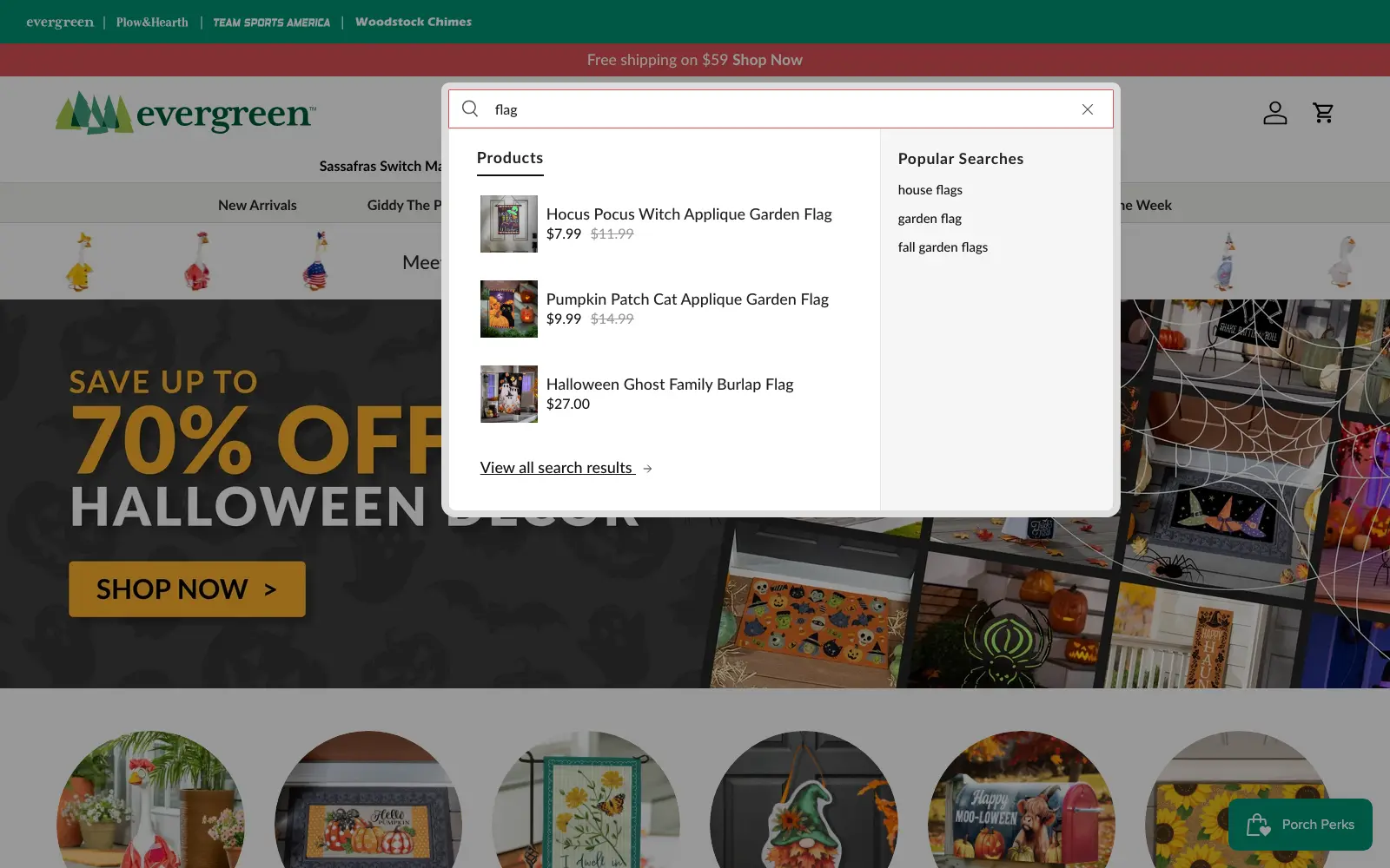 My Evergreen search autocomplete open over the home page, showing matching flag products and popular searches