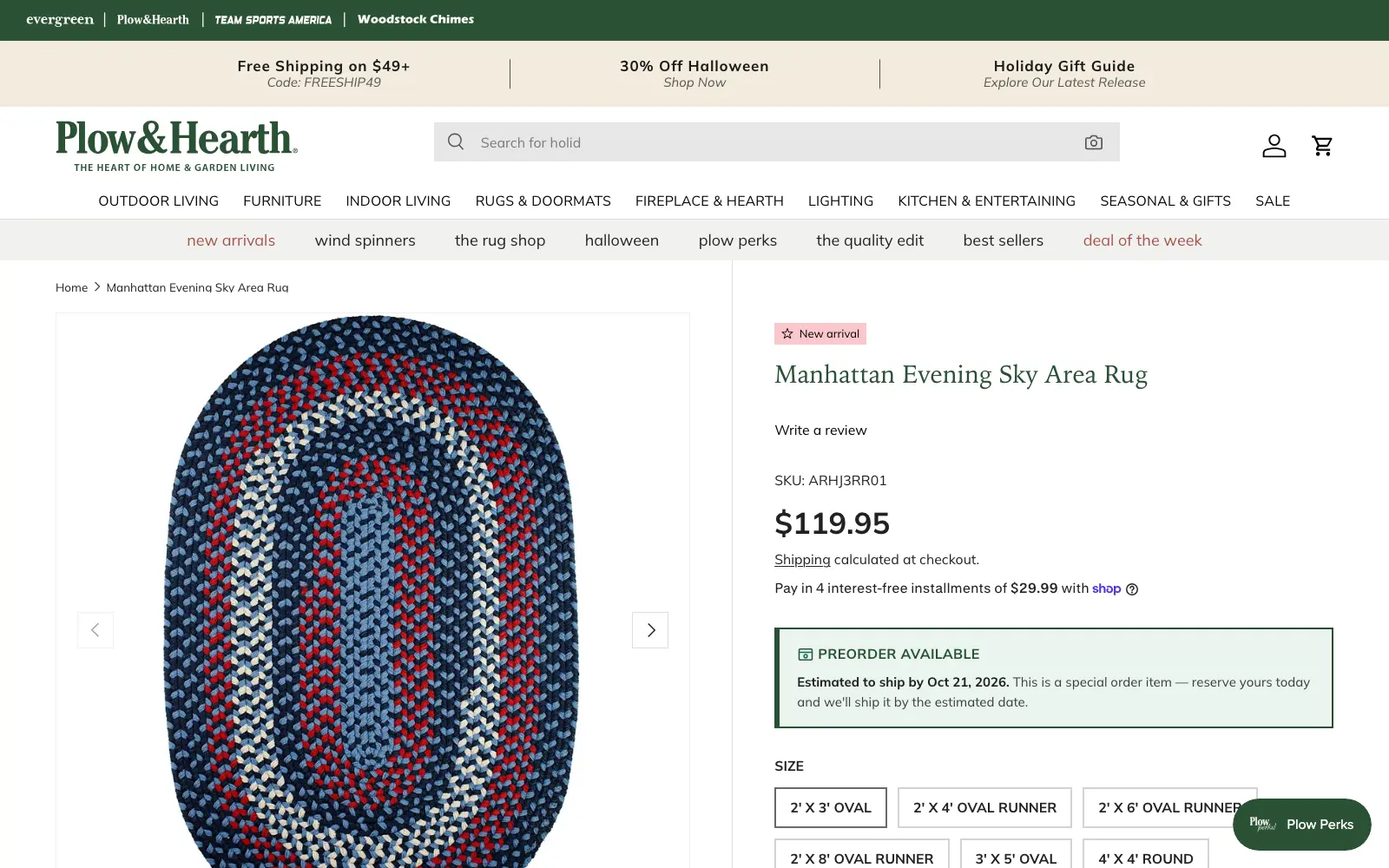 A Plow & Hearth product page showing an area rug with size options, price, and installment payment messaging