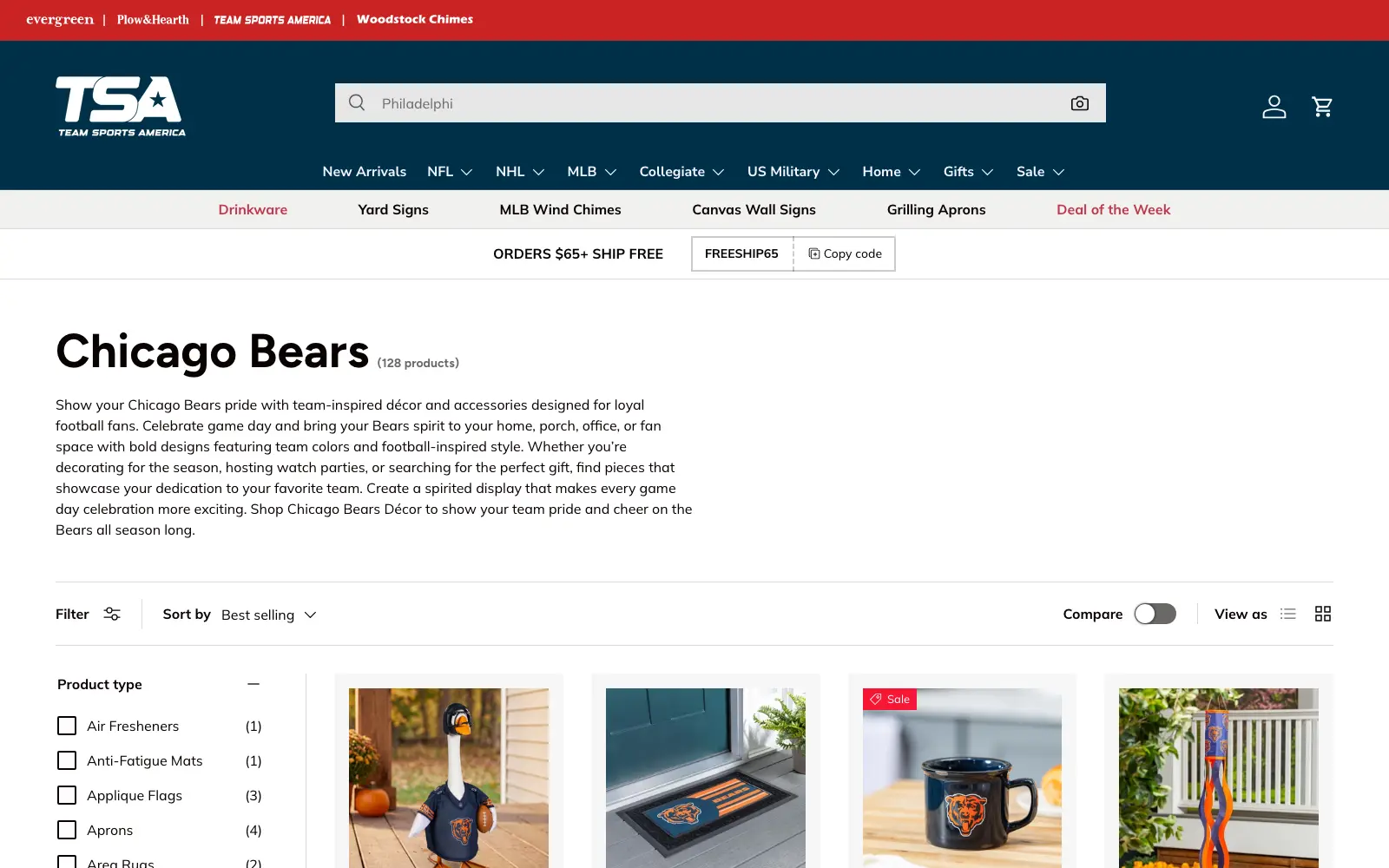 A Team Sports America team collection page with filters beside a grid of licensed merchandise