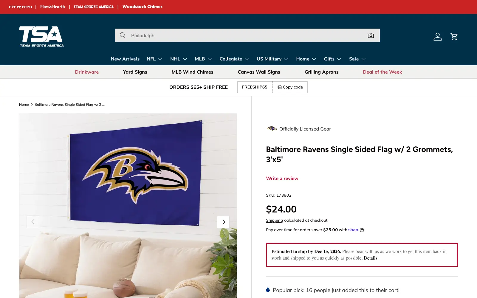 A Team Sports America product page for a team flag, with product images and price
